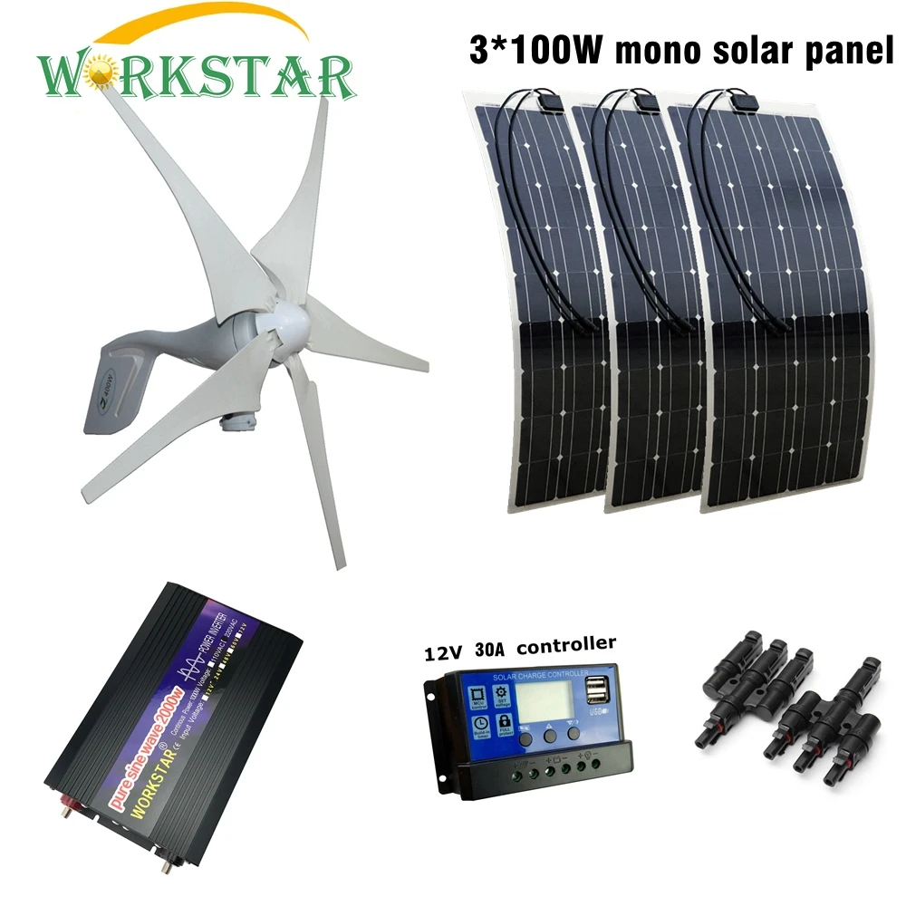 

400W Wind Generator 3pcs 100W Flexible Solar Module with 30A Controller and 2000W Pure Sine Inverter 700W Solar Wind Solar Power