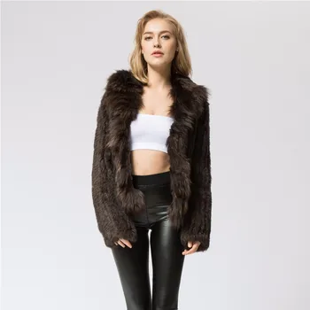 

New Style Knitted real rabbit fur coat overcoat jacket with fox fur collar Russian women's winter thick warm genuine fur coat