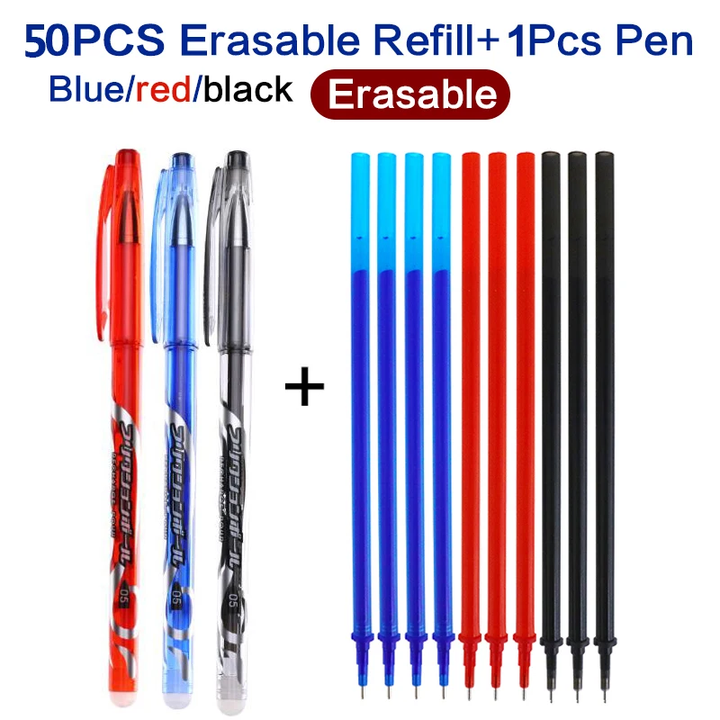 

1+50Pcs/Set 0.5mm Erasable Pen Refill Rod Blue/Black/Red Ink Gel Pen Refills Set for School Office Supplies Tool Stationery Gift