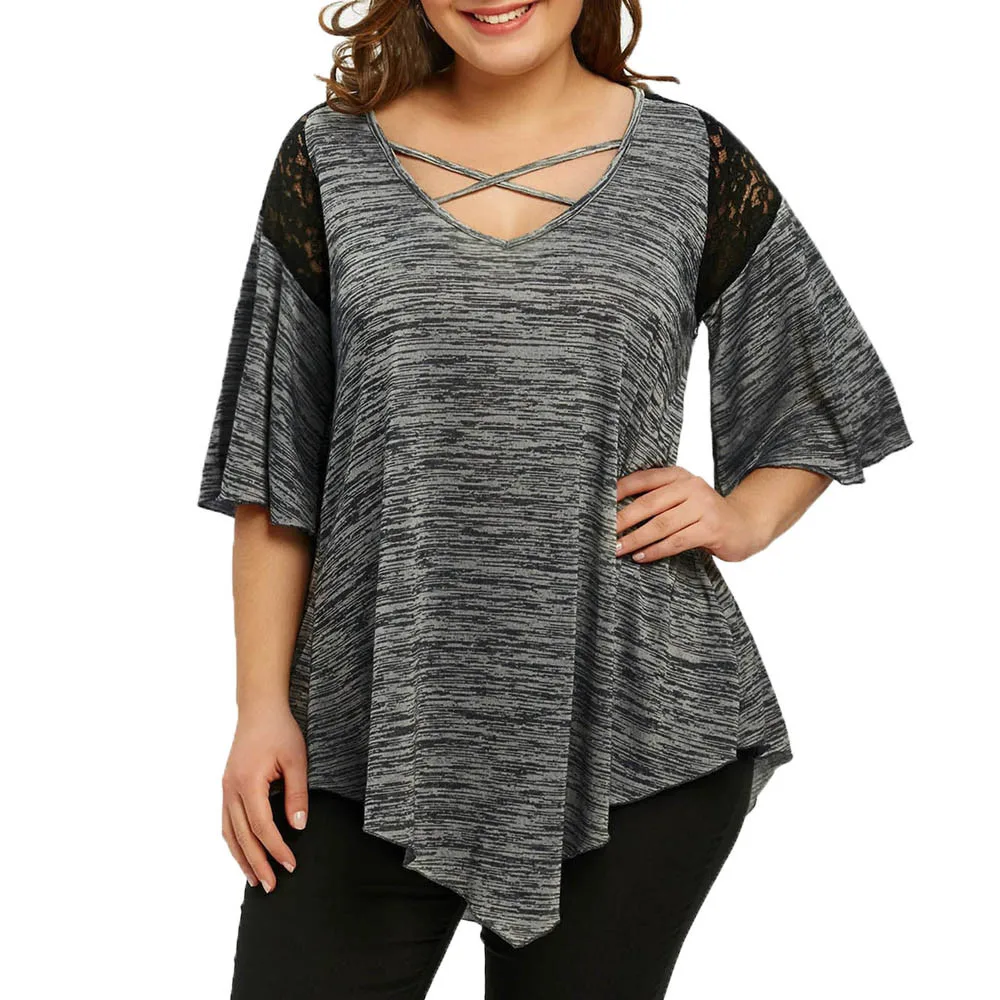 

Big Size Flare Sleeve Tunic Asymmetrical Blouse Shirt Women Patchwork V-Neck Half Sleeve Lace Panel Womens Plus Size