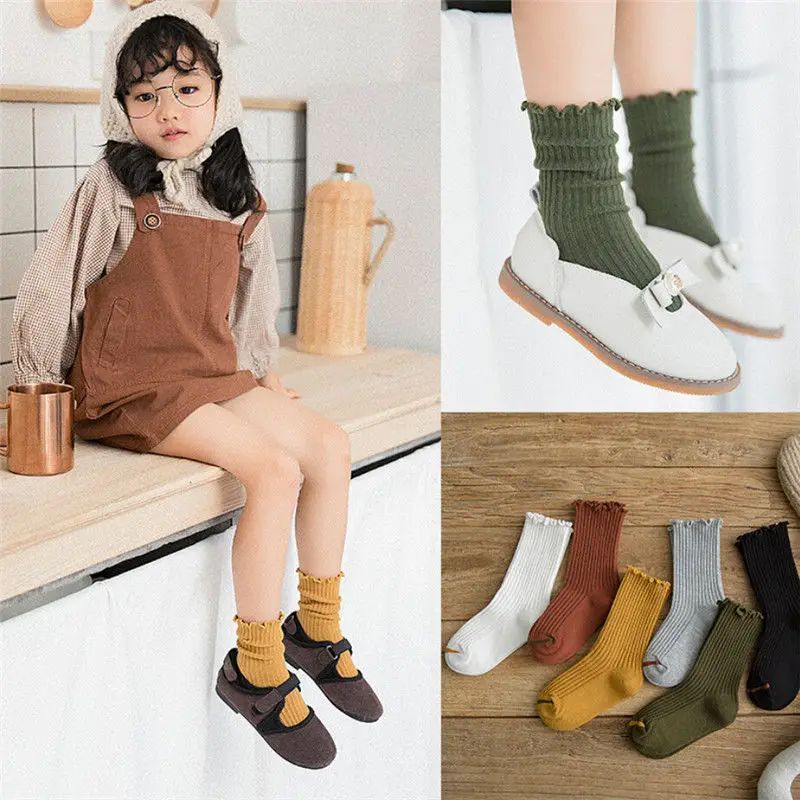 

Autumn Winter Double Needle Children's Forest Baby Girls Children Toddler Cotton Knee High Frills Trim Socks