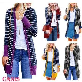 

Ladies Casual Striped Long Jacket Sweater Coat Women Autumn Slim Long Sleeve Knitted Cardigan Outwear