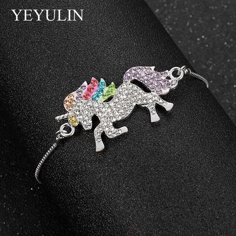 

Fashion Colorful Crystal Lovely Unicorn Charms Copper Bracelet With Box Chain Adjustable Bracelet For Women Girl Jewelry Gifts