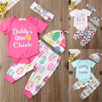 

Easter Newborn Baby Boy Girl Letter Happy Easter Romper Pants Hat Headband 4Pcs Set Outfits Clothes