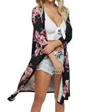 Повседневное свободные пальто-кардиган Для женщин летние длинные кимоно Тренч Цветочный принт с рукавами 3/4 кардиган женский шифона