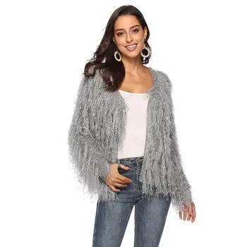 

Casual Women Long Sleeve Loose Tassel Coat Elegant Ladies V Neck Cardigan Knitted Sweater Autumn Winter Outwear
