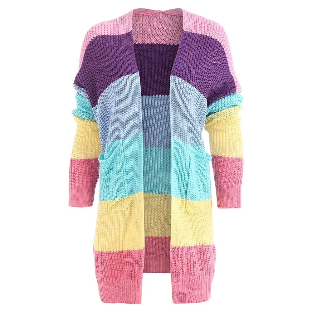 Wipalo Women Double Pocket Rainbow Cardigan Color Block
