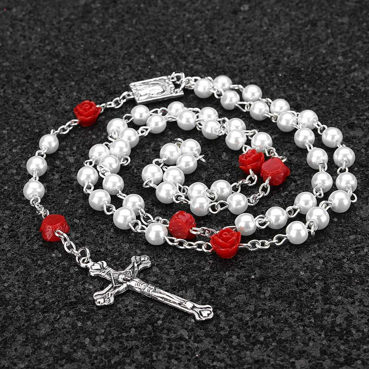 

5 Colors Necklace Woman Man Holy Jesus Imitation Pearl Bead Necklace Silver Drop Rosaries Cross Virgin Mary Center