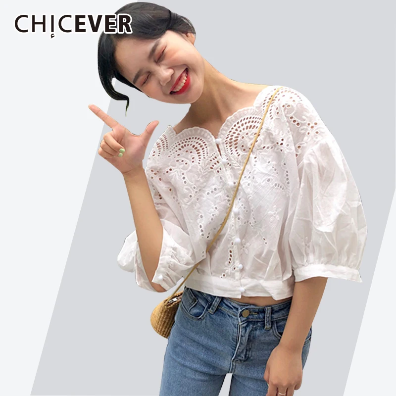 

CHICEVER Summer Women's Shirts Blouse Lantern Sleeve Lace Hollow Out Loose Big Size Womens Tops And Blouses 2019 Fashion Tide