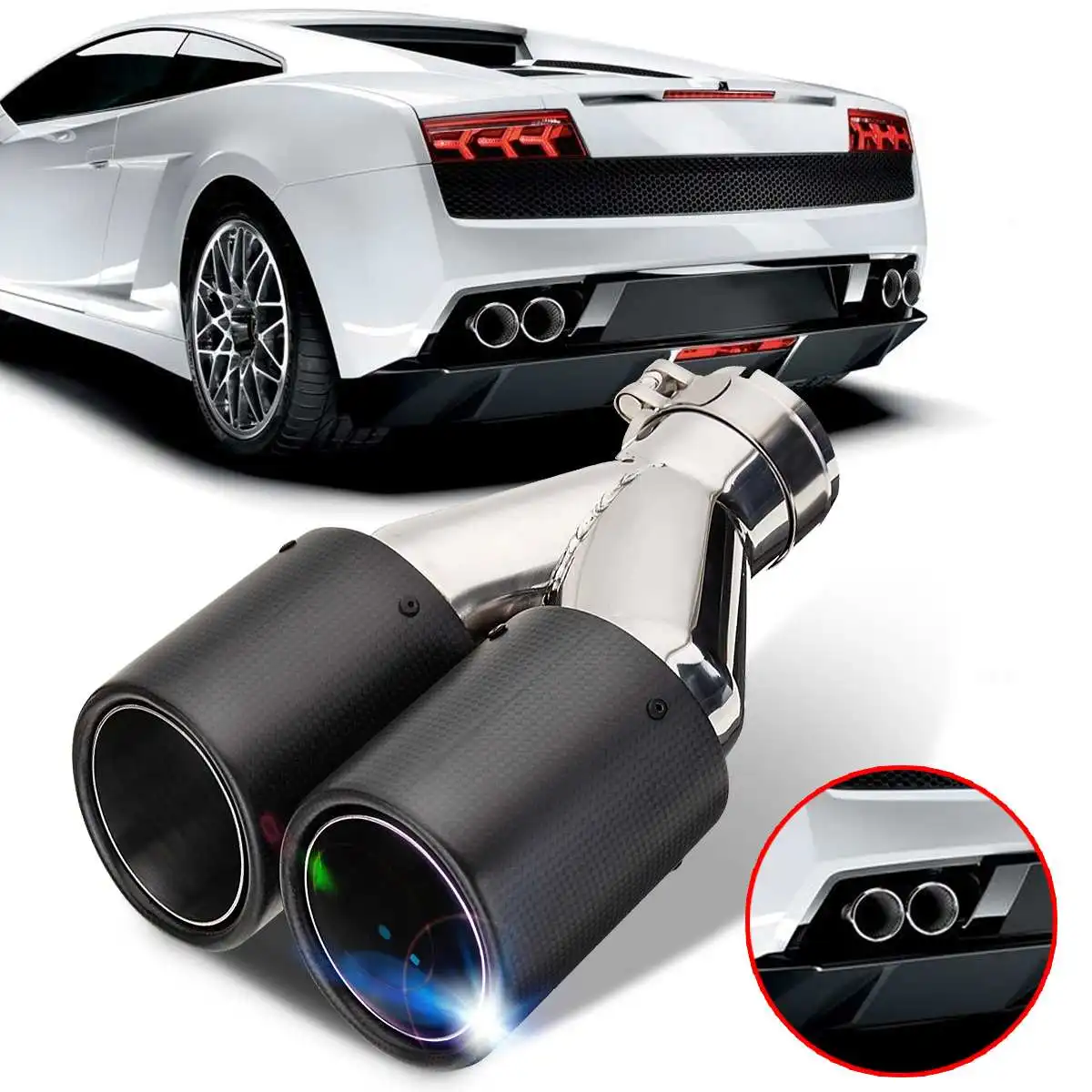

60-63mm Inlet Universal Car Auto Exhaust Dual Tail Pipe Tip Stainless Steel Carbon Fiber 225mm Car Rear Tail Throat Liner
