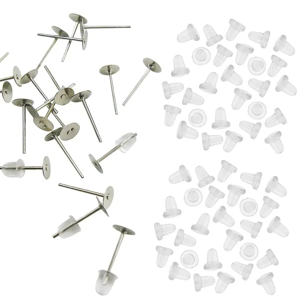 

TOAOB 100 Pairs Silver Plated Stainless Steel Flat Pad Earring and Rubber Stoppers For DIY Making