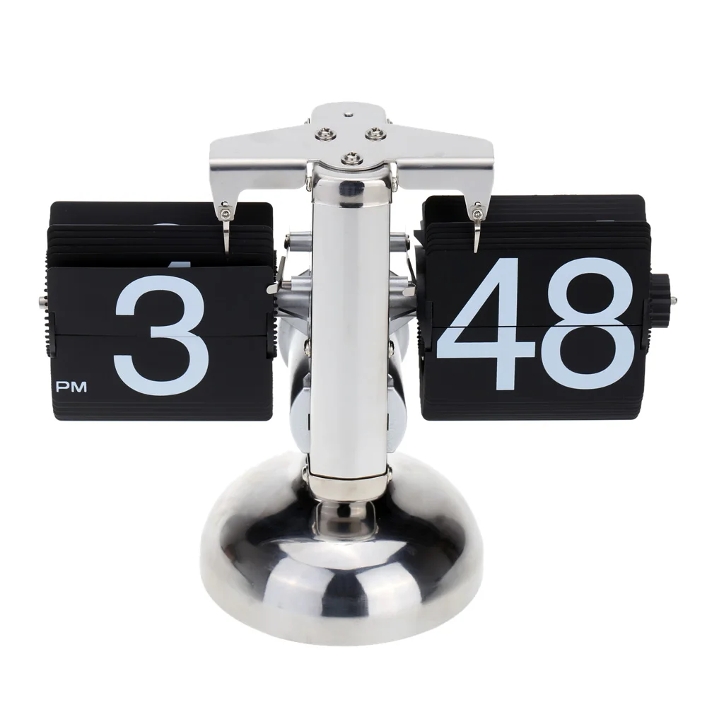Small Scale Table Clock Retro Flip Over Clock Stainless Steel Flip Internal Gear Operated Quartz Clock Black White