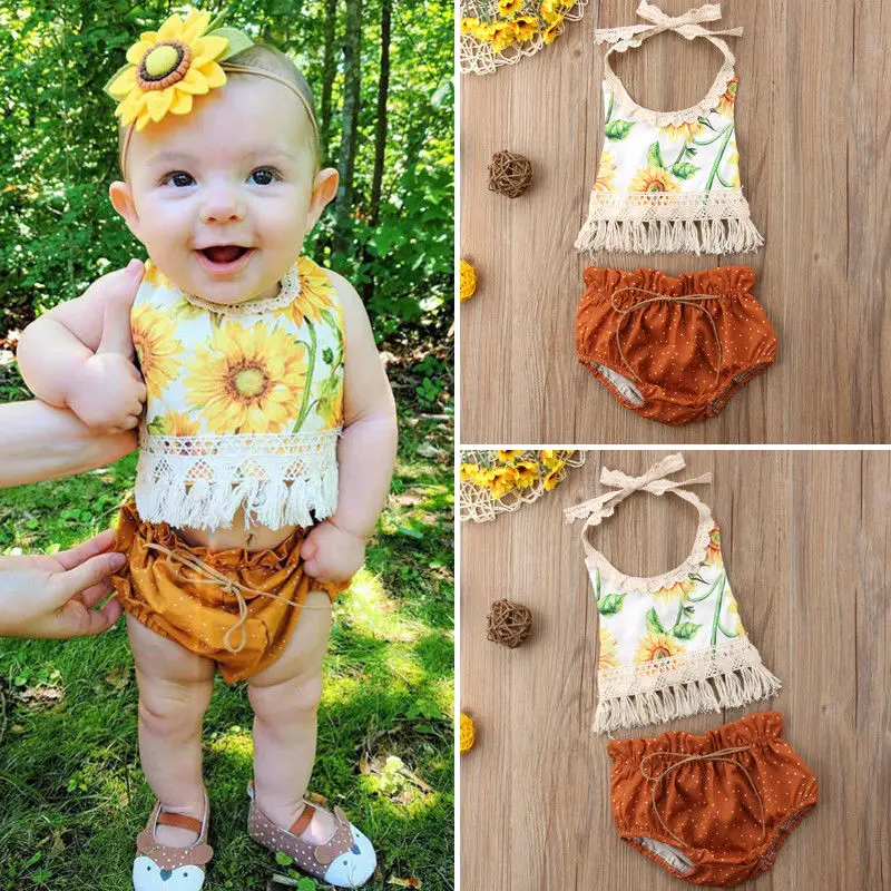 

Boho Summer Sweet Newborn Baby Girls Tassels Lace Flower Sleeveless Tops + Brown Shorts Briefs Outfits Beach Holiday Clothes
