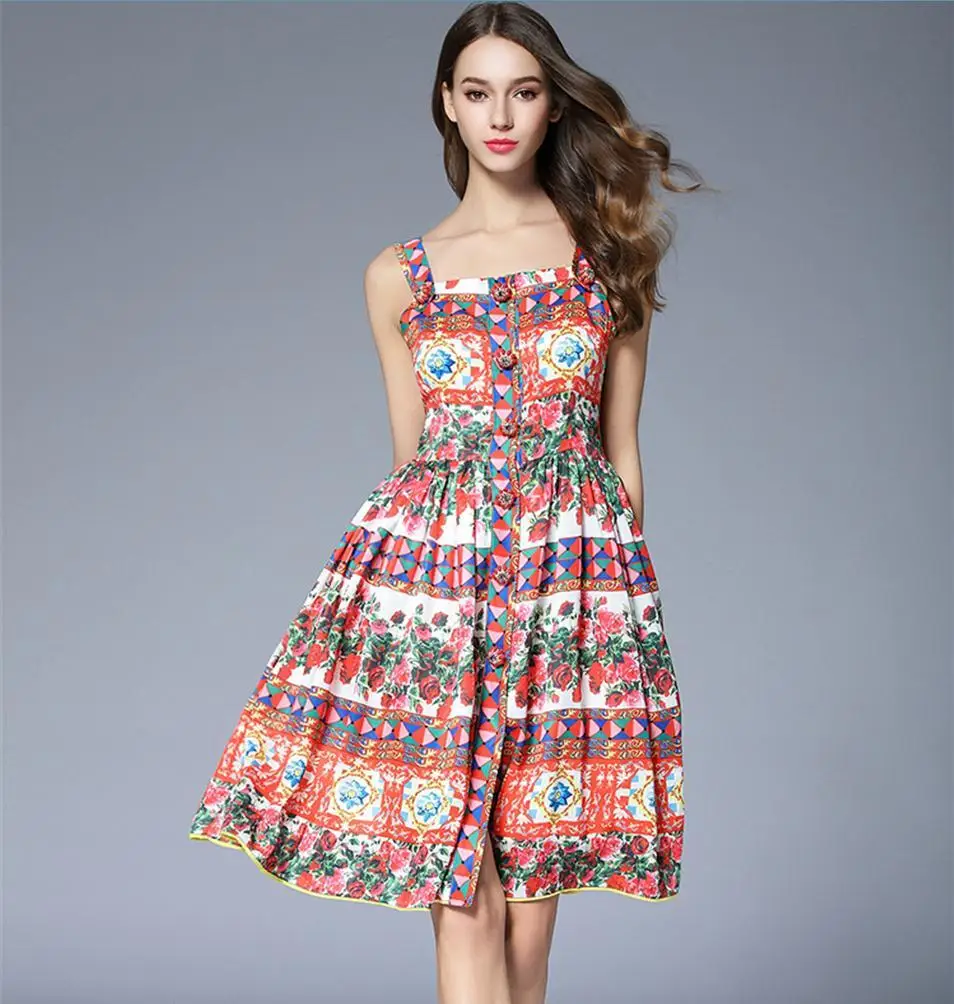 

2019 Runway Dress Floral Sundress Women Summer Dress Diamond Beaded Party Dames Jurken Zomer Robe Ete Femme Boho vestidos