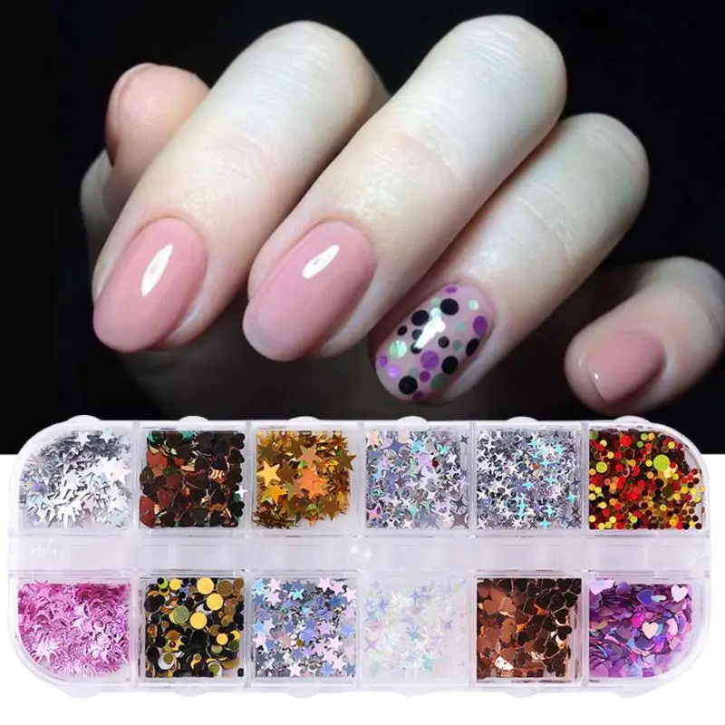 

12 Grids Nail Glitter Sequins Round Love Flakes Laser Powder Nail Art Manicure Decorations
