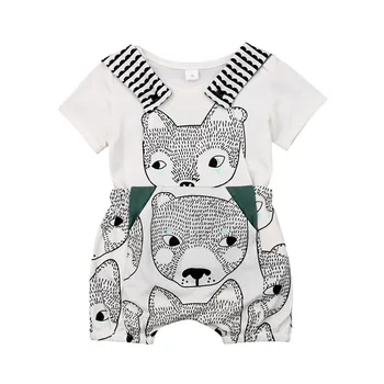 

New Casual Newborn Kid Baby Boys Fox Print T-shirt Top+Strap Pants Infant Outfits Cotton Summer Clothes Overalls 0-24M