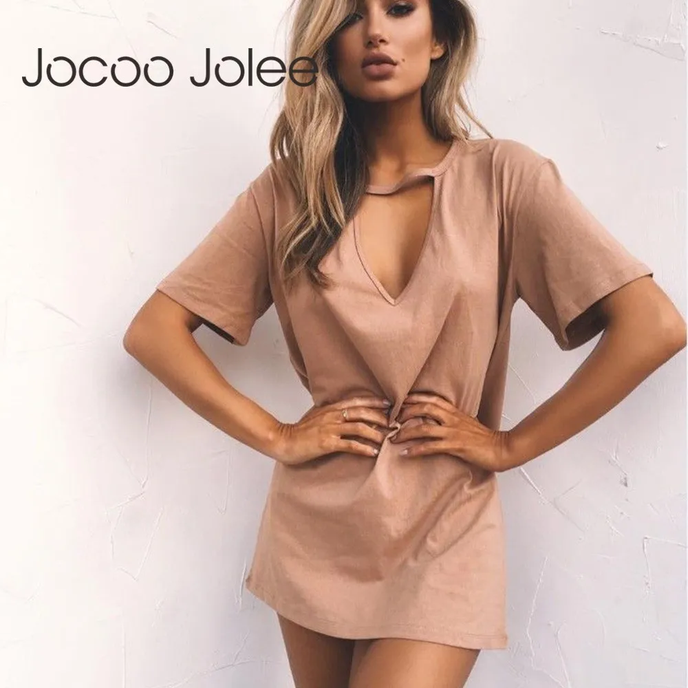 

Jocoo Jolee Women Casual Tshirt Dress 2019 Choker V-neck Summer Dresses Sexy Halter Loose Boho Beach Dress Vestidos Plus Size