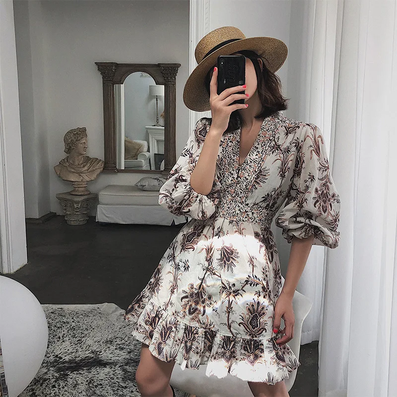 2019 пляжное платье женские винтажные с v-образным вырезом рукав в виде фонаря с изображениями цветов принт повседневное бохо платье лето