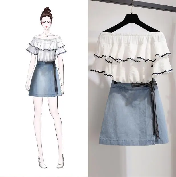 

summer 2019 new new women sister covered meat accept waist chiffon blouse top & denim belly skirt 2 pcs clothing set casual outf
