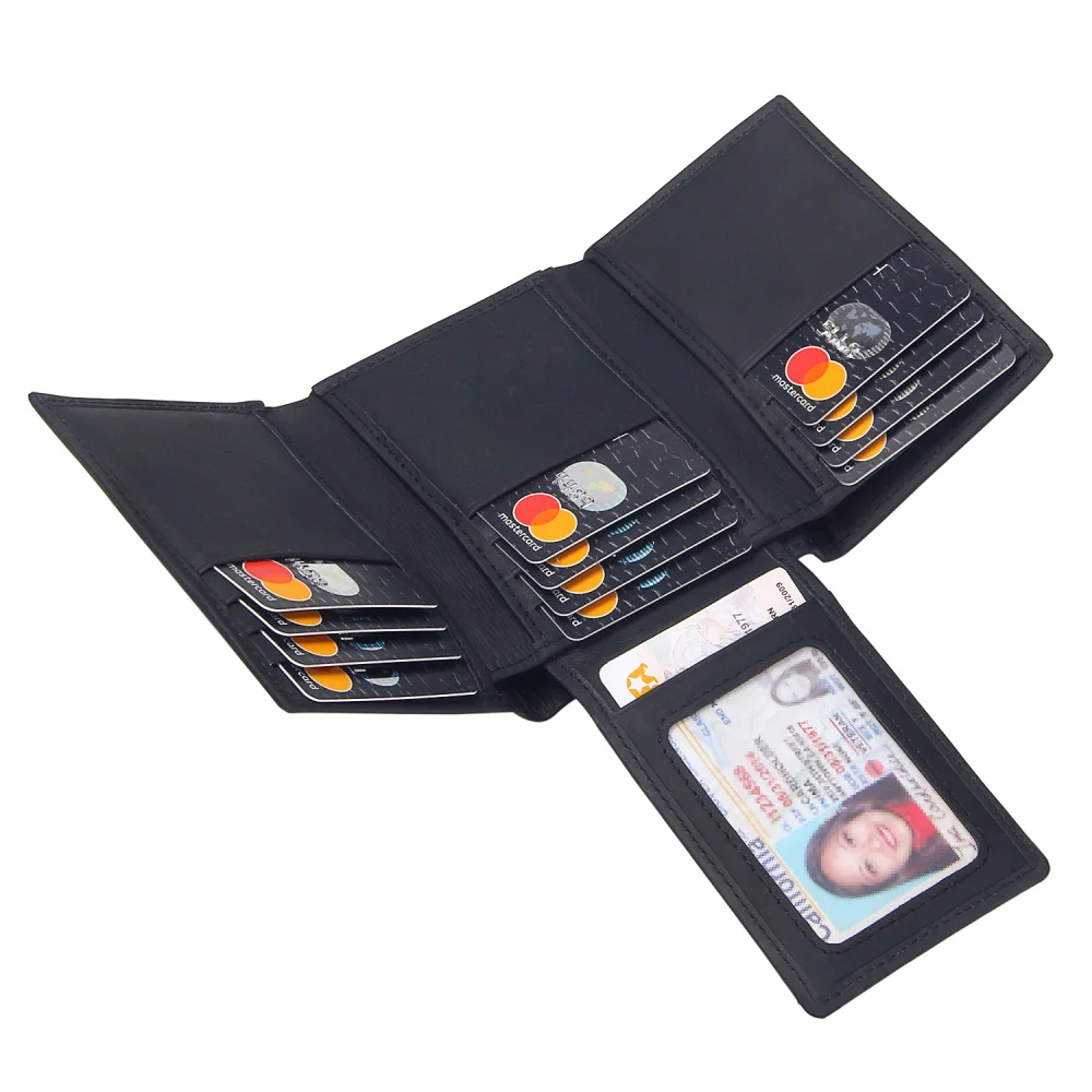 

Genuine Leather Trifold Black Wallet for Men Multifunction Solid Credit Card Holder Purse Brand Design Men's Short RFID Wallets