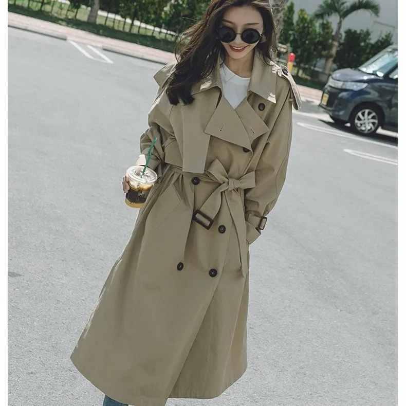 Décontracté À Automne Nouveau vent Turn down Collar Manches 2018 Kaki Vêtements Coupe Léger Coupe Longues Ceintures Lâche Mode Longue Trench coat 29IDHYWE