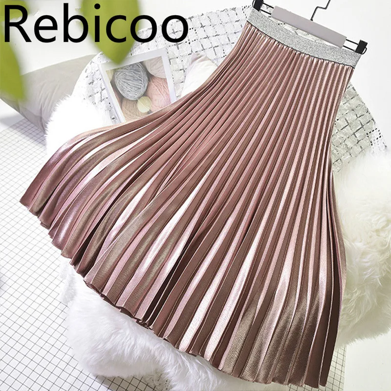 

Women's Fashion Pleated Metallic Midi Skirt Female Korean Streetwear High Waist Velour Pink Chic Skirts Saias 2019 Spring