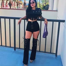 Women New Fashion High Waist Tie Up Sweatpants Skinny Hole Lace Up Flare Pants Casual Solid Black Color Bandage Pants Women New Fashion High Waist Tie Up Sweatpants Skinny Hole Lace Up Flare Pants Casual Solid Black Color Bandage Pants