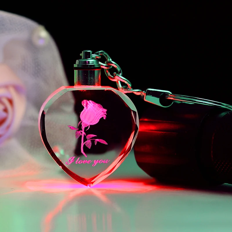 New Fairy Crystal Rose LED Light Keychain Love Heart Key Chain Ring Keyring 