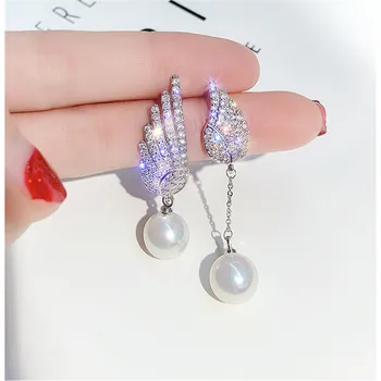 

FYUAN Classic Wing Zircon Asymmetry Earrings for Women Bijoux Exquisite Simulated Pearl Drop Dangle Earrings New Fashion Gifts