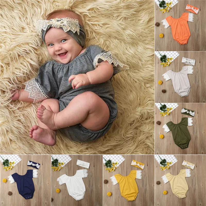 pudcoco Newborn Baby Girl Solid Bodysuits Jumpsuit Lace sleeve Cotton