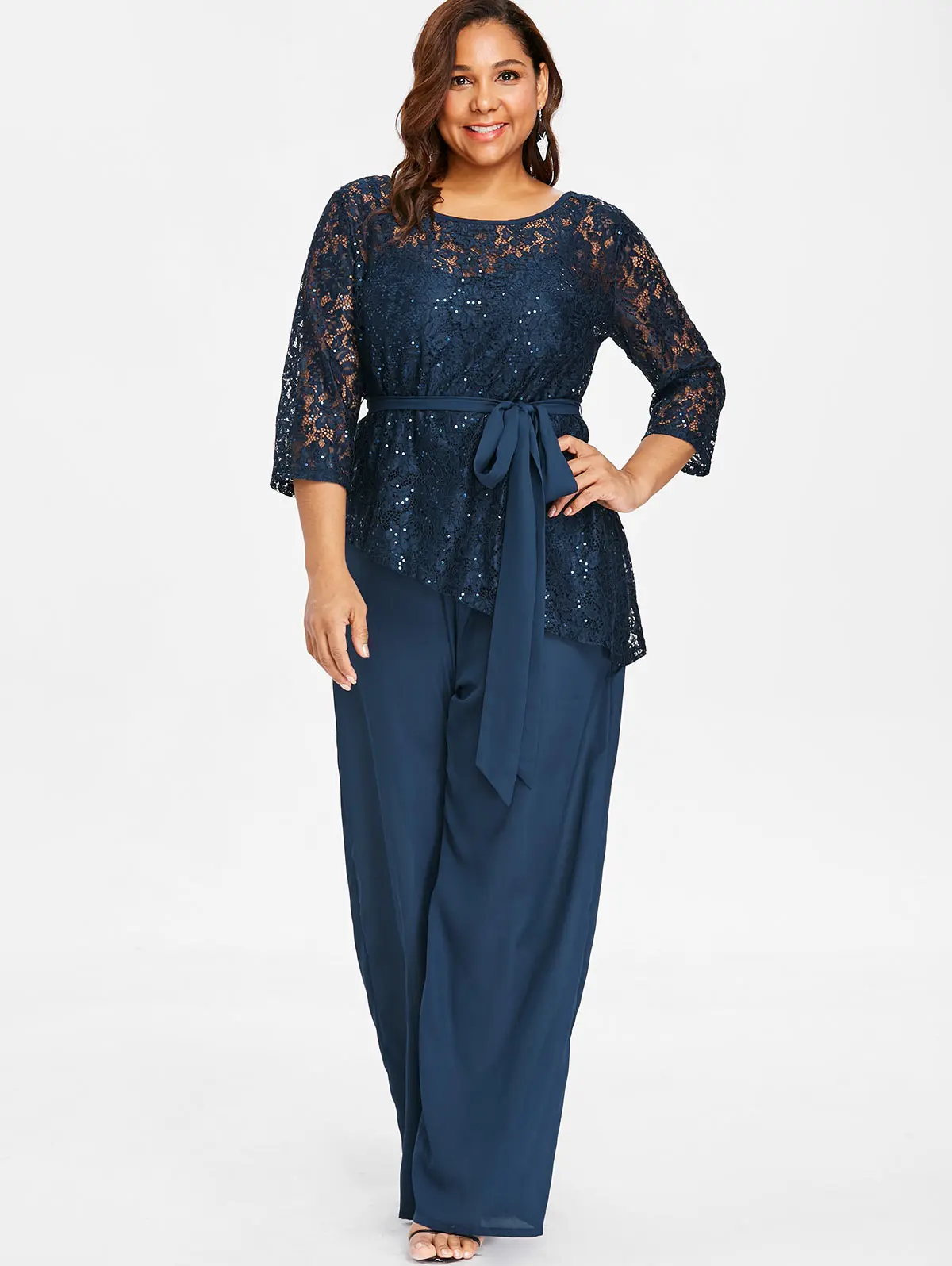 

Wipalo Women Plus Size Wide Leg Jumpsuit With Lace Blouse Casual Solid Belted Two Piece Palazzo Jumpsuit Ladies Set Big Size