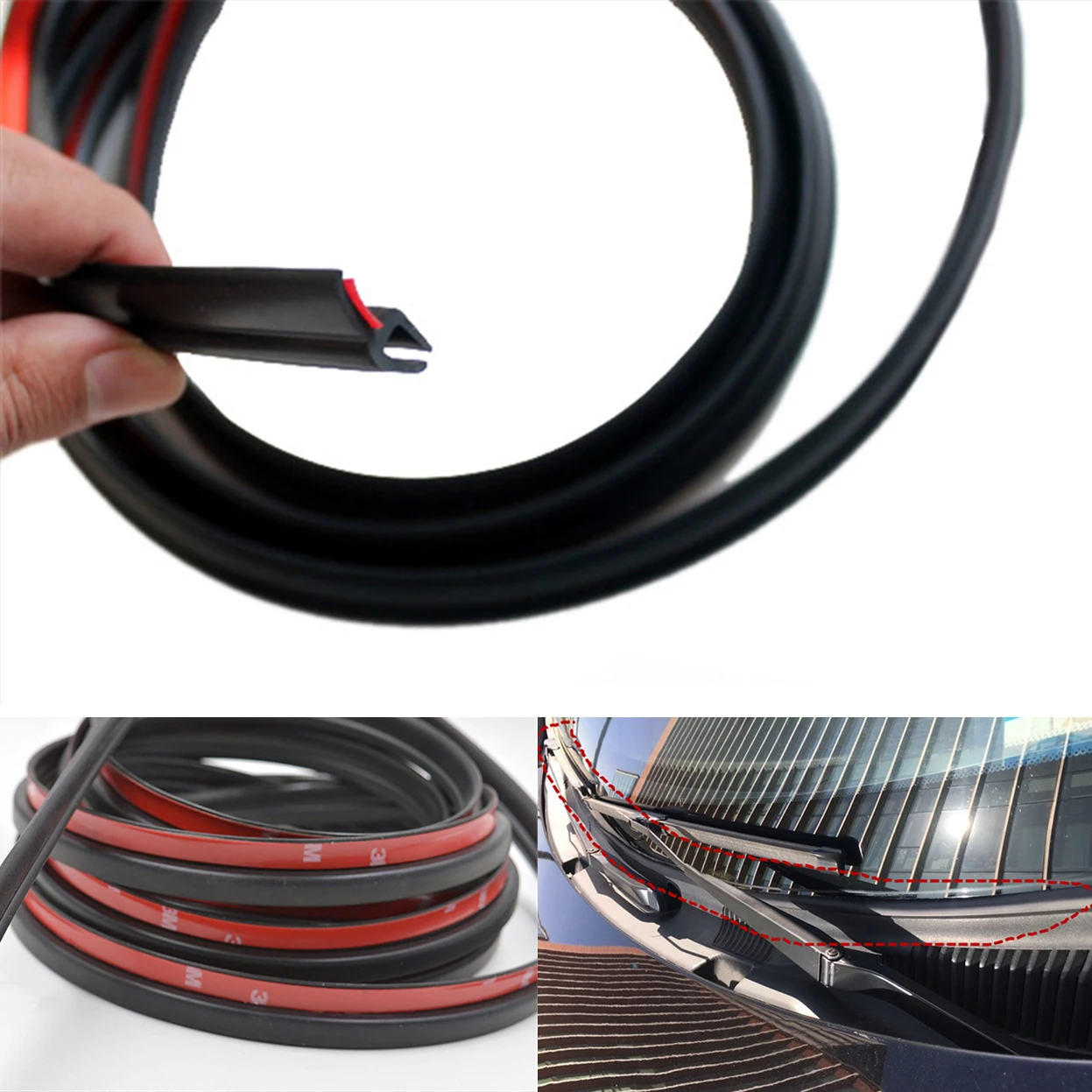 Universal Upgraded with Double-side adhesive tape 1.8M Rubber Sealed Strips Trim installed under Front windshield wiper Panel