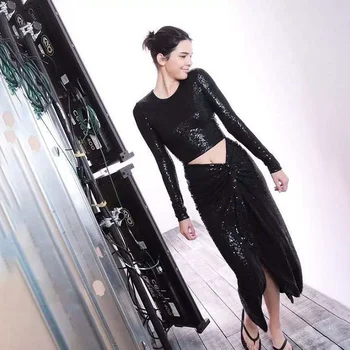 

Runway New Sexy Long Sleeve Sequins 2 Piece Bodycon Dress Women Bling Celebrity Party Dress