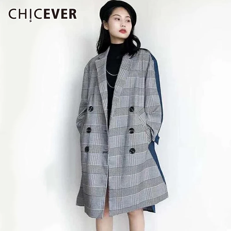 CHICEVER осенний лоскутный клетчатый Тренч Женское пальто с отворотом и длинным