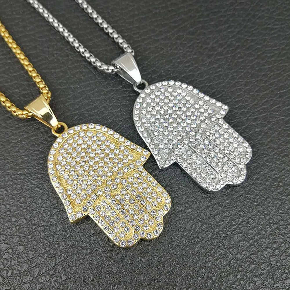 

Hand of Fatima Pendant Men Necklace Iced Out Gold Silver Chain 316L Stainless Steel Hip Hop Punk Zirconia Necklaces Male AAN033