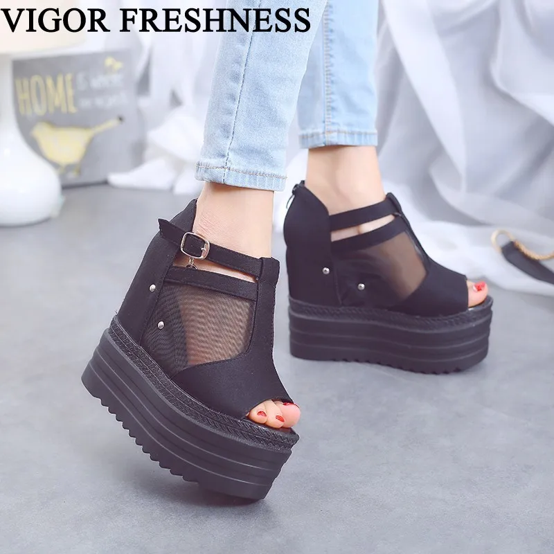 

VIGOR FRESHNESS Platform Shoes Woman 12CM High Heels Sexy Lady Height Increasing Shoes Summer Sandals Rome Women Shoes WY517