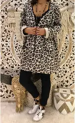 Женский Осенний длинный рукав леопардовый принт с капюшоном длинное пальто Топы Женский Свободный кардиган с карманами Верхняя одежда