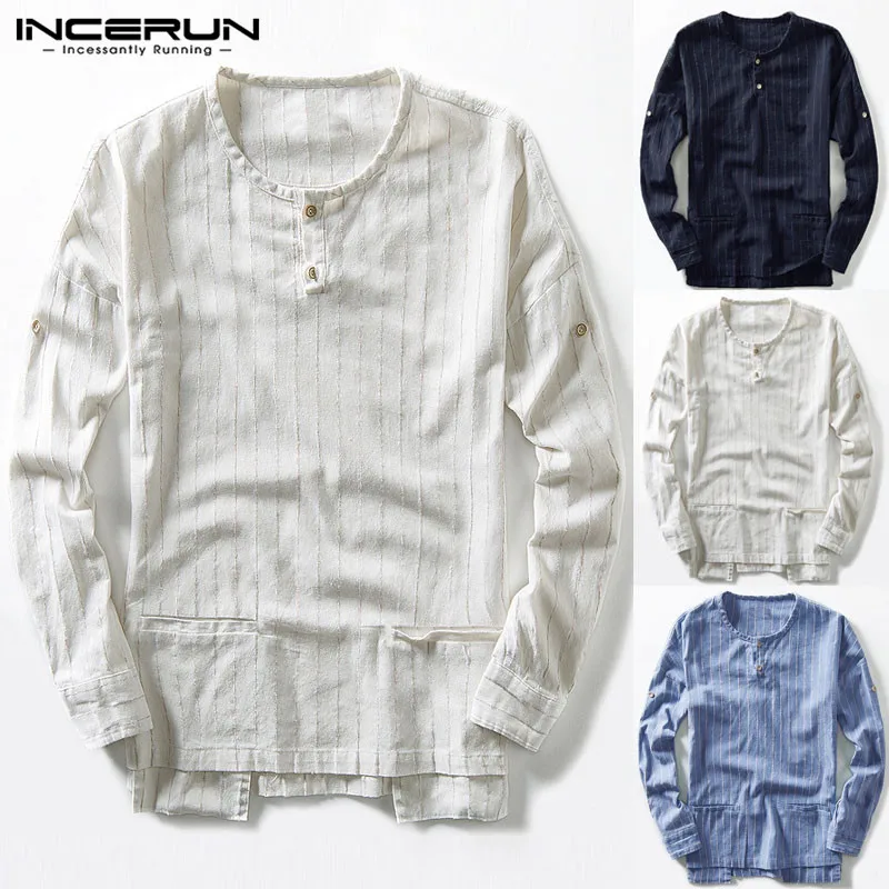 

2019 Chinese Plain Shirts Men T Shirt Long Sleeve Crew Neck Pockets Male Clothing Pullover Casual Vacation Tops Hombre Beach