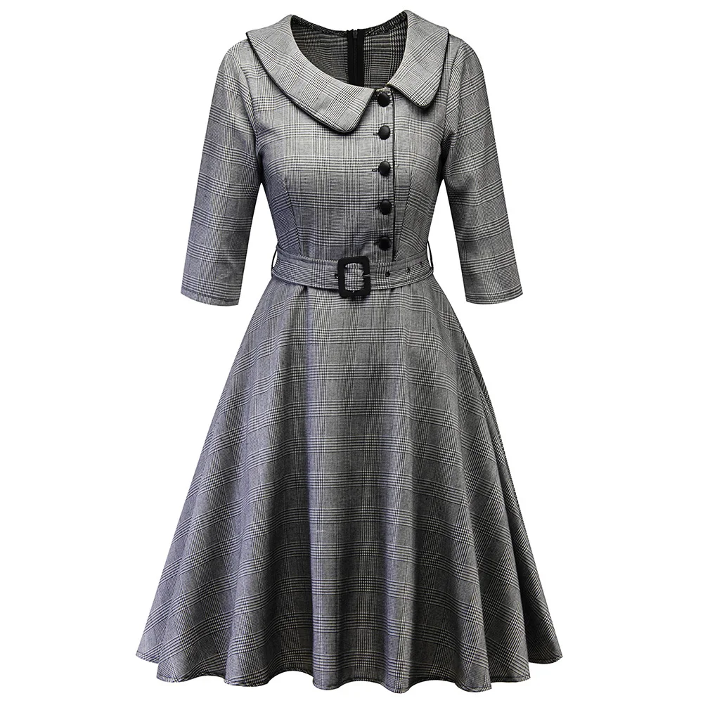 

Wipalo Vintage Plaid Swing Dress Women Waist Belt Skinny Office Lady Work Button Simple Fashion Elegant Party Autumn Dresses