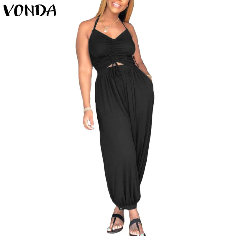VONDA Rompers Womens Jumpsuit 2019 Sexy Sleeveless Backless Halter Hollow Solid Playsuit Casual Harem Pants Plus Size Overalls VONDA Rompers Womens Jumpsuit 2019 Sexy Sleeveless Backless Halter Hollow Solid Playsuit Casual Harem Pants Plus Size Overalls
