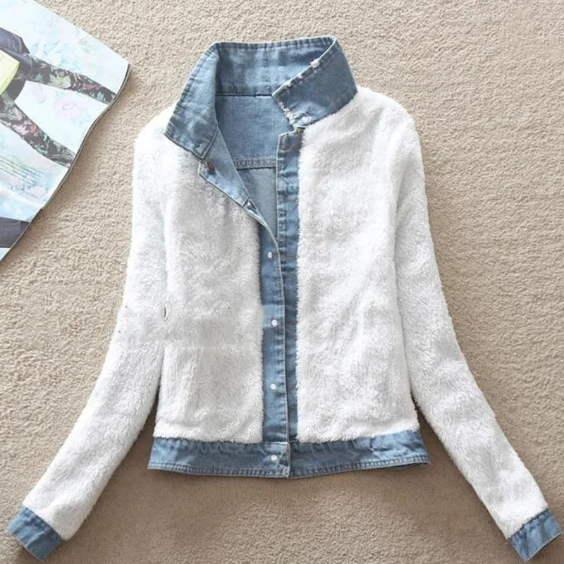 Best New Denim Jacket Fur Collar Warm Parka Winter Basic Bomber Jean Coat Women Lamb Fur Padded Outwear