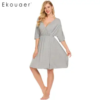 

Ekouaer Women Elastic Nightgown Sleepshirts Half Sleeve V-Neck Solid Waist Nighties Sleepwear Loose Night Dress Casual Sleepwear