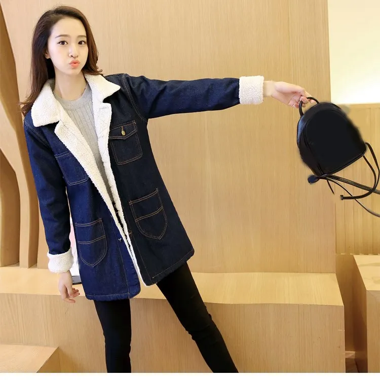 Longues Veste Chaud Hiver Automne Jeans Nouveau Bleu Agneaux Pour Poches 2019 Épais Manteau Denim Femmes Manches wqzAw4fx