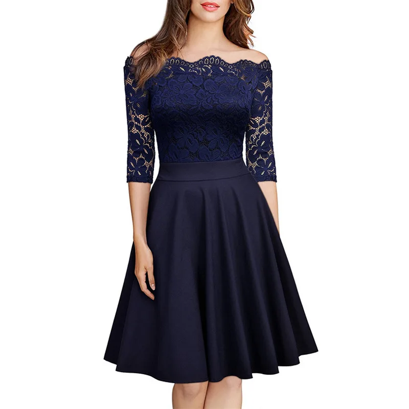 

Uguest Women Lace Dress A-line Half Sleeve Pleated Slim Solid Slash Neck Knee Length Spring Autumn Sexy Elegant Dresses Vestidos