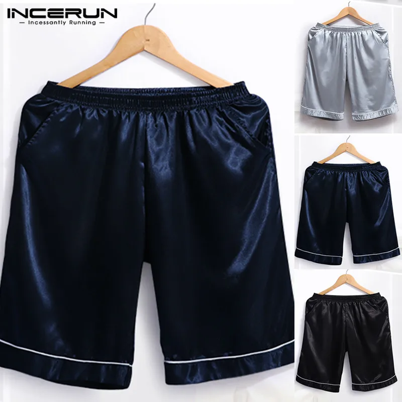

INCERUN Silk Satin Men Sleep Bottoms Solid Elastic Waist 2019 Fashion Loose Lounge Short Soft Homewear Pajamas Shorts Men S-5XL