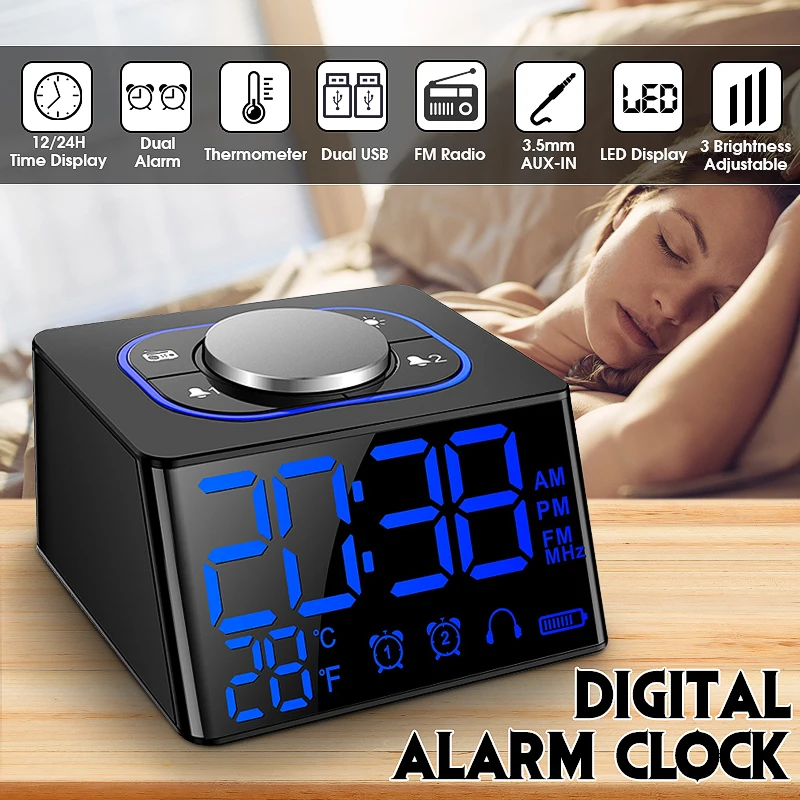 

FM Radio Alarm Clock Thermometer Desk Clocks LED Digital Clock with 2 USB Charging Port Mini LED Snooze Table Clock