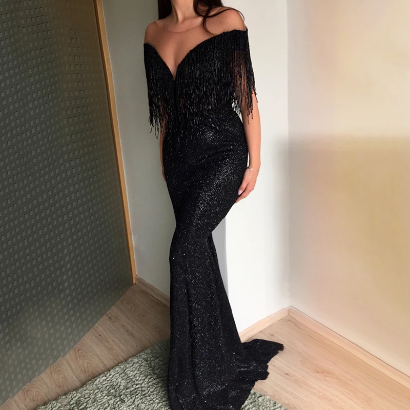 

Womens Fringe Sexy Off Shoulder Gowns Ladies Party Evening Party Long Dresses
