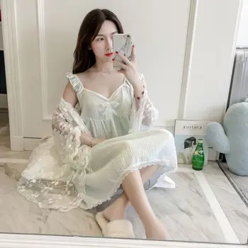 

Vest Twinset Pure Cotton Night Women Dress Elegant Sleepwear White Lace Nightgown Long Dress Ladies Wedding Dress Party Dress