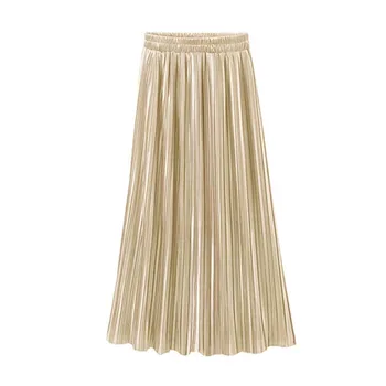 

Womens Fashion Vintage Pleated Skirt Stretch Mid-High Waist Casual Beach Skirt Solid Color Loose Party Skirts Female