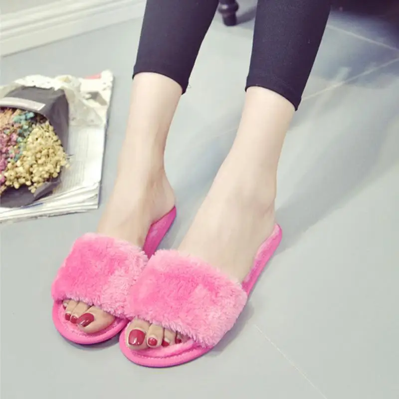 

Autumn Winter Plush Slippers Women Home Indoor Soft Slippers Ladies Shoes Mules Comfortable Fur Slides Chaussure Femme Pink